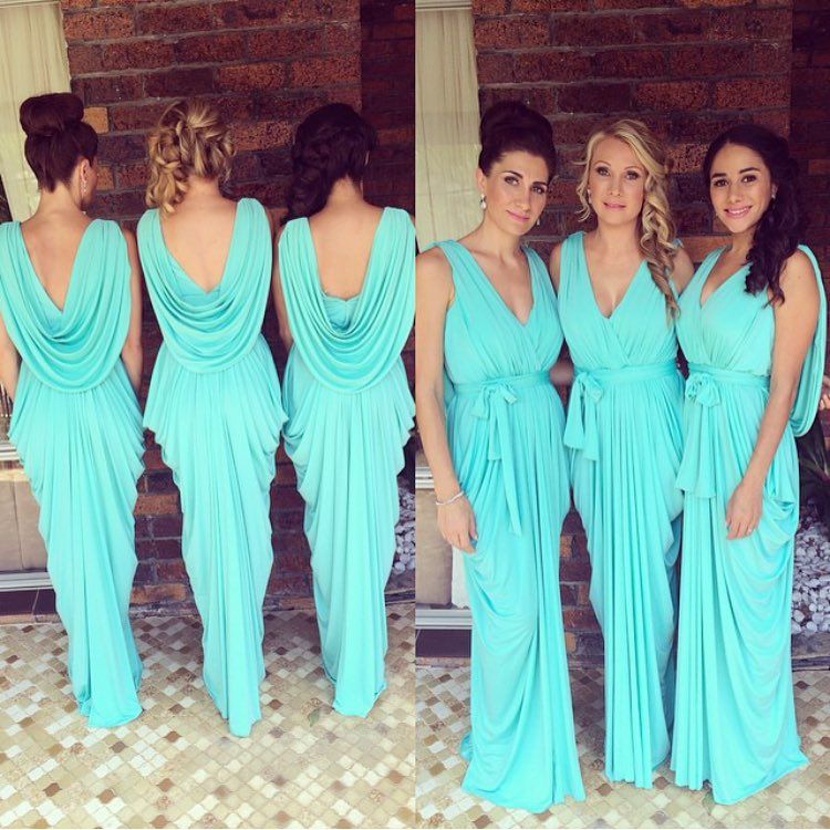 Bridesmaid Dresses Turquoise Chiffon Cheap Long Floor Length 2016 V