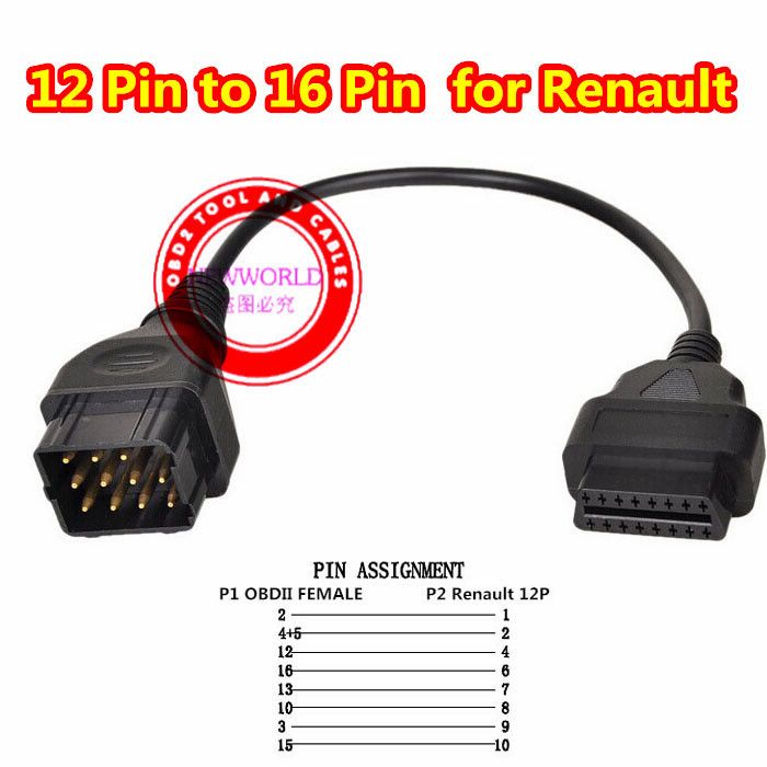 Renault obd2 12pin to 16pin Diagnostic Connector Cable for Renault 