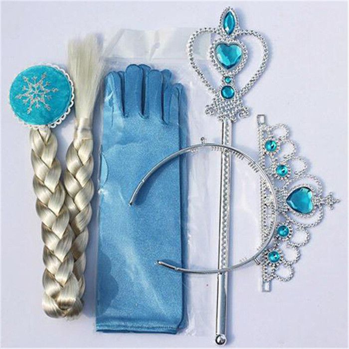Kids Girls Children Frozen Anna Elsa Tiara set Crown Wig Wand Gloves set Blue