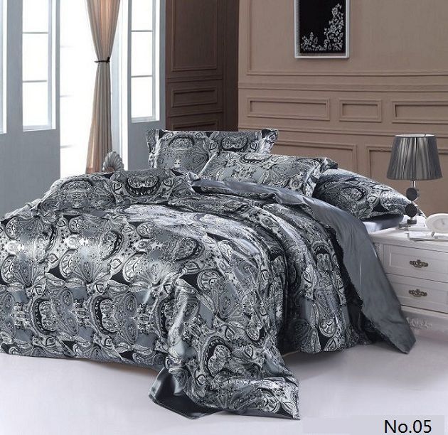 Silver Grey Paisley Silk Satin Bedding Sets California King Queen