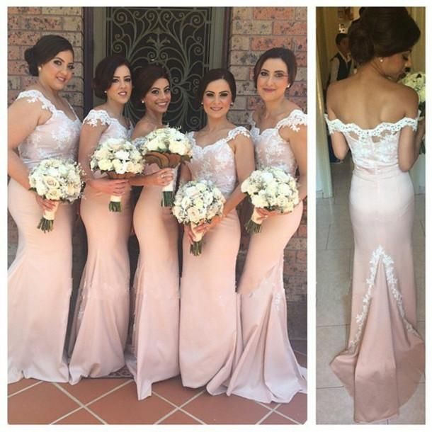 peach off the shoulder bridesmaid dresses