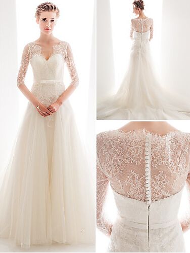 queen anne neckline wedding dress