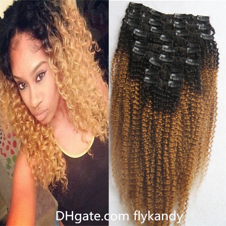 Two Tone Ombre Clip In Human Hair Extensions 1b 27 Malaysian Afro