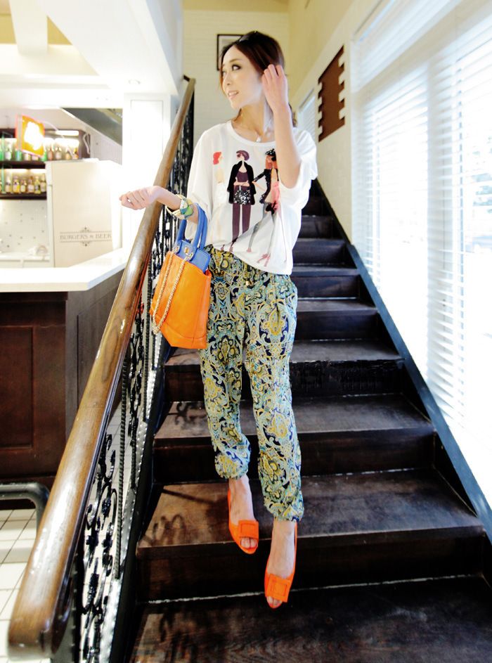 Women Korean Floral Chiffon Harem Pants 