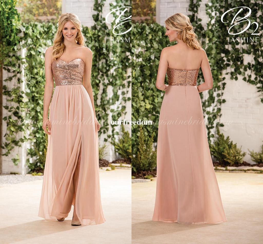 Rose Gold Sequins 2019 Bridesmaid Dresses Sweetheart Neck Floor Length Side Split Maid Of Honor Wedding Guest Gown Custom Made Petite Bridesmaid
