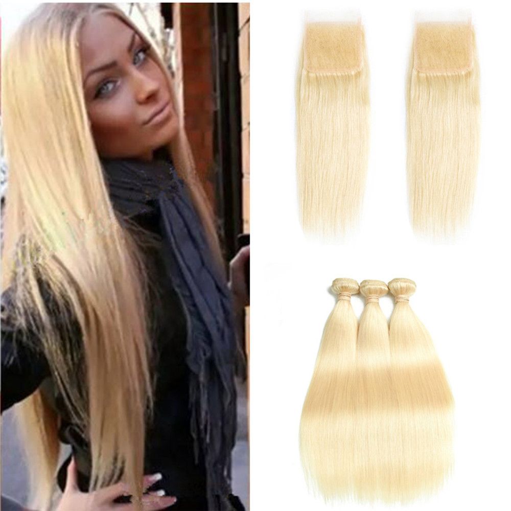 2019 8a Russian Blonde Hair Lace Closure With Bundles Straight 613