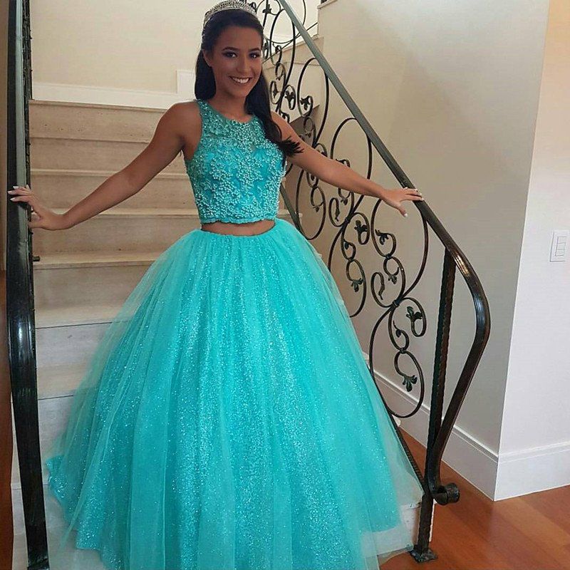 Two Pieces Quinceanera Dresses Turquoise Ball Gown Prom Dress Sweet 16  Dresses Beaded Crop Top Sleeveless Sequins Skirt with Tulle
