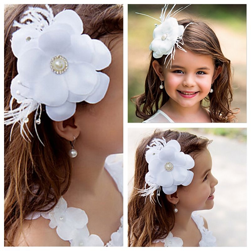 Beautiful Flower Girls Head Pieces White Flowers Floral Beaded Feather