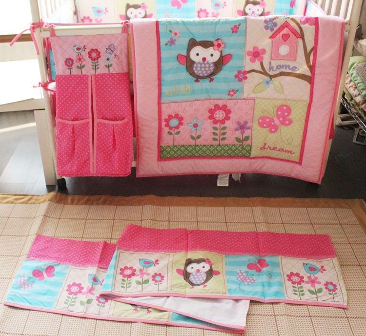 Pink Owl Butterfly Flower Baby Girl Nursery Bedding Set Crib Quilt Winter Bumper 