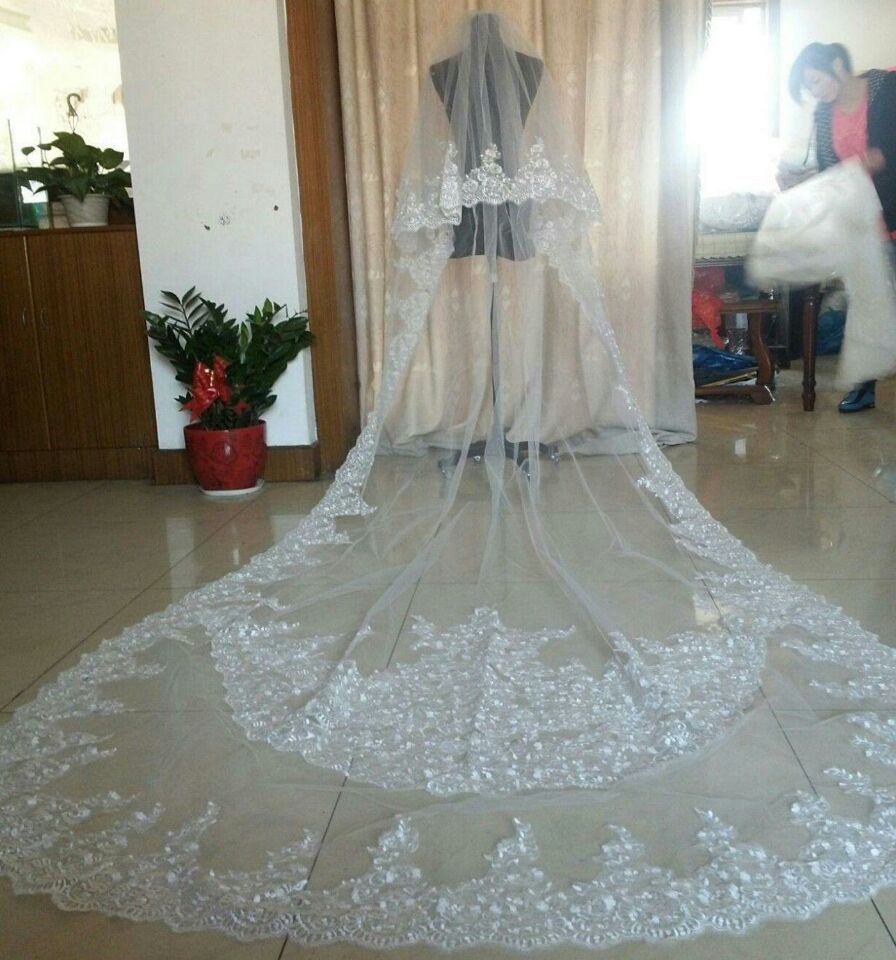 3M Wedding Veils Cathedral 2T Comb Bridal Veil Accessories Lace Applique Sequins 