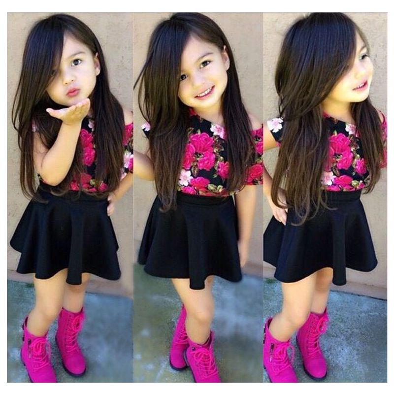 2016 estilo americano moda femenina niños camisa floral de + falda corta 2