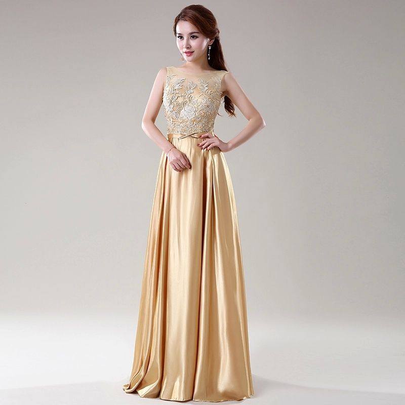 De Gala Elegante Color Dorado De Encaje Superior De Satén Una Línea De Vestidos Dama De Honor Largas Barato De 66,43 €