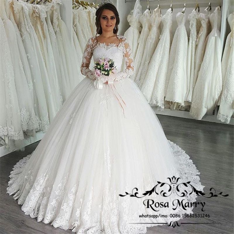 Arabisch ontwerp baljurk kant trouwjurken 2020 vintage lange mouwen illusie gelinlik Turkse prinses bruidsjurk gewaad