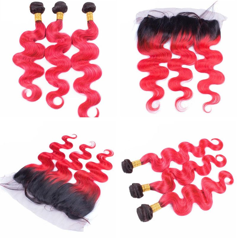 Ombre Ruby Red Color Hair 3 Bundles With Ear To Ear Lace Frontal