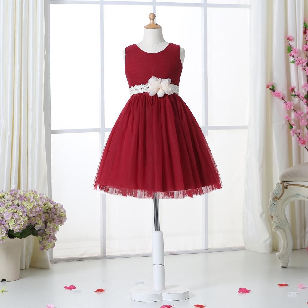 Vestidos de niña de flores de tul borgoño para bodas Vestidos de comunión de manga de Vestidos de niña de flores de tul borgoño para bodas Vestidos de comunión de manga de