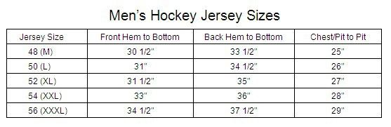 Ice Hockey Jersey Size Chart