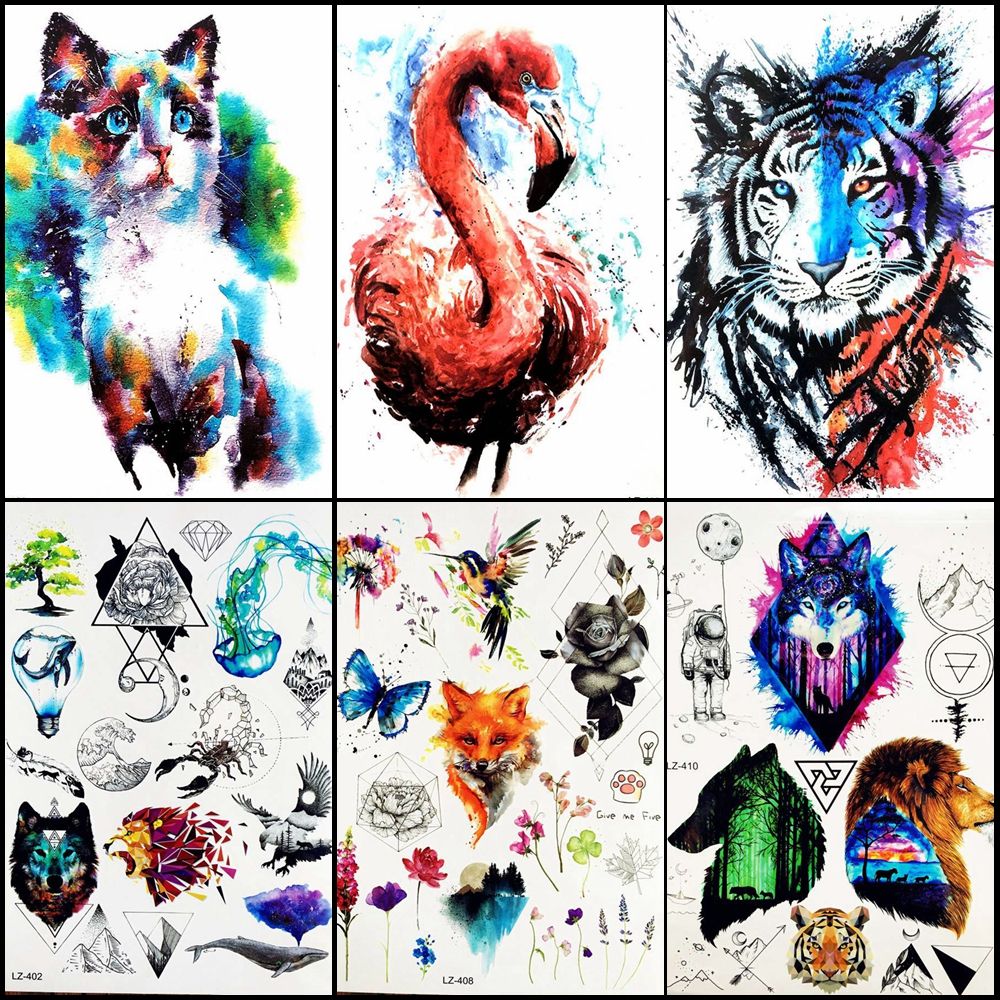 21*15CM 6PCS/LOT 3D HOT Watercolor Cat Blue Jay Wolf Lion Fox Temporary  Tattoo Stickers For Women Female Men Waterproof Fake Flash Tattoos