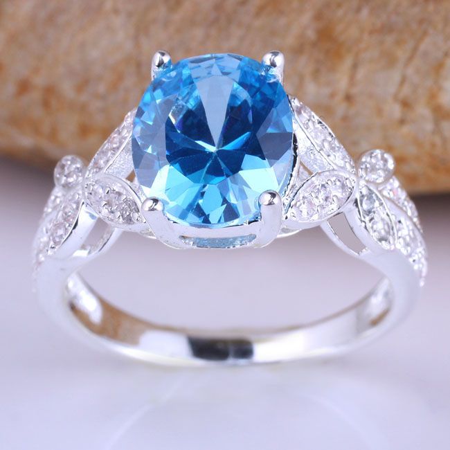 925 Sterling Silver Light Blue Oval Cubic Zirconia Cluster Ring 
