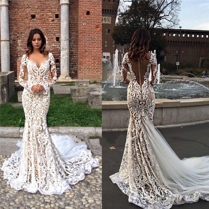 Acheter V Neck Manches Longues Robes De Mariée Bohème Illusion Balayage Train Dentelle Applique Sirène Robe De Mariée Plus La Taille Sexy Beach Robe