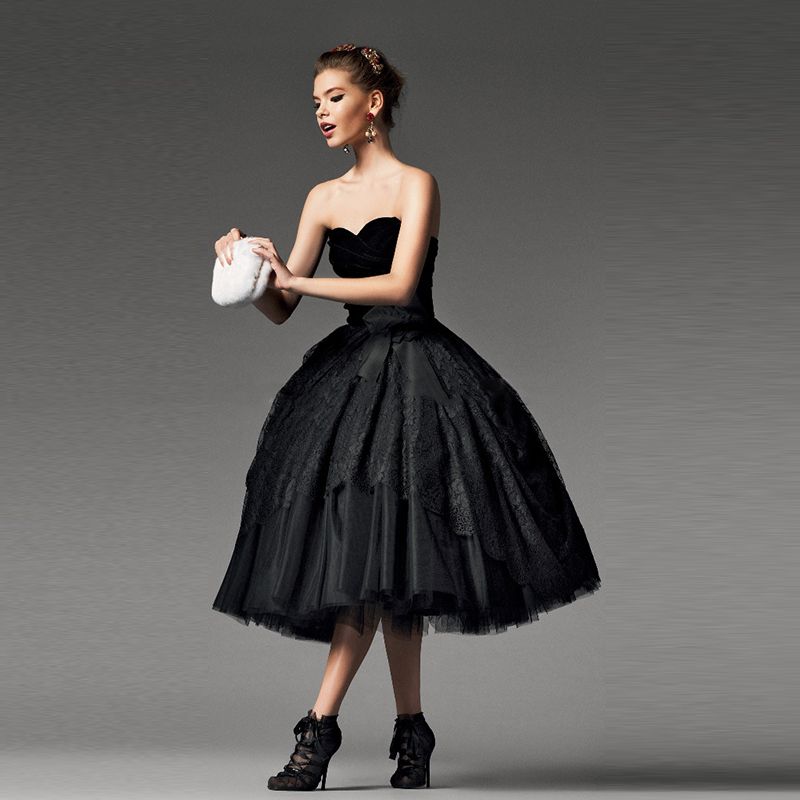 Discount Vintage Black Gothic Tea Length Wedding Dresses