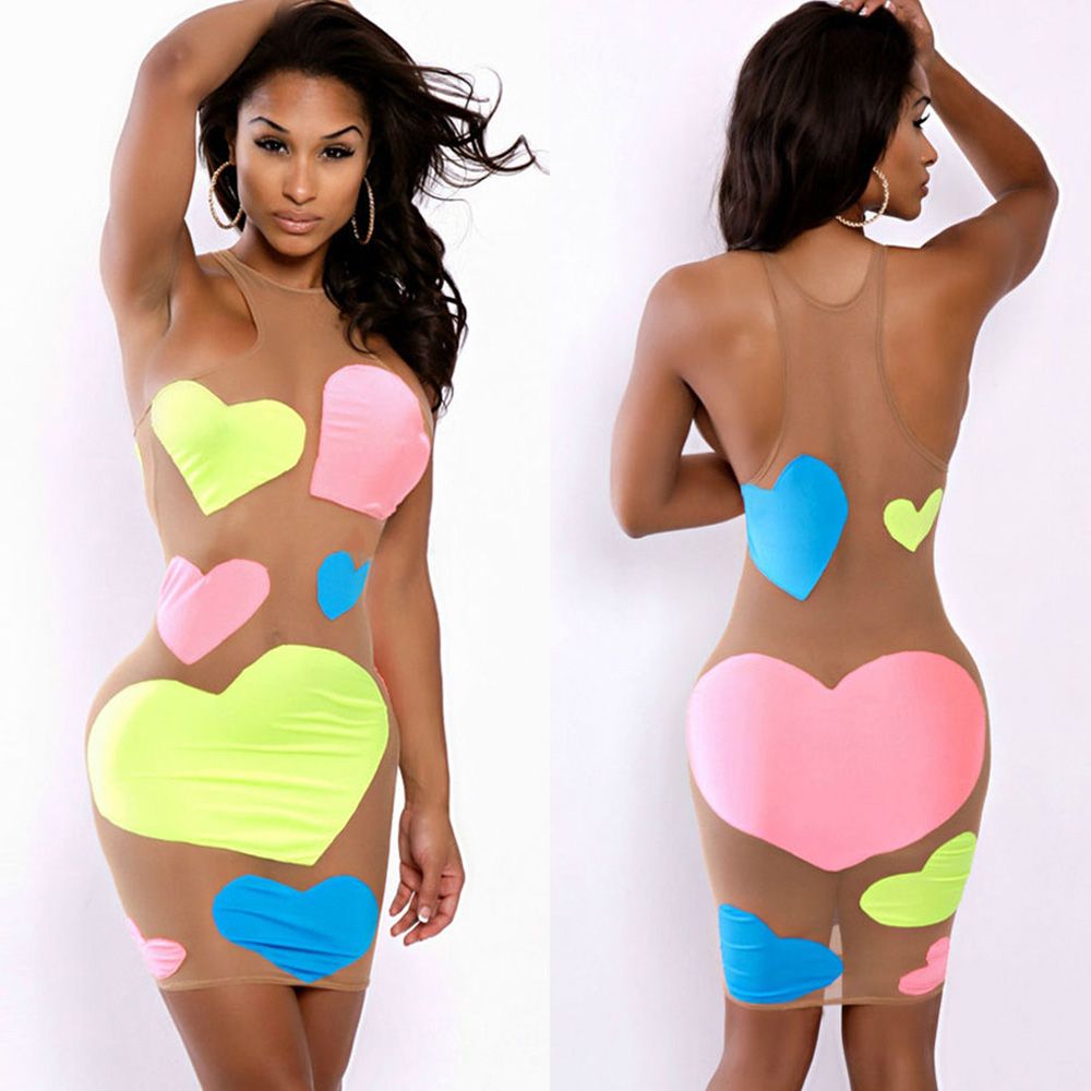 2016 Club Dresses 2015 Sexy Women Mesh Dress Neon Hearts Semi ...
