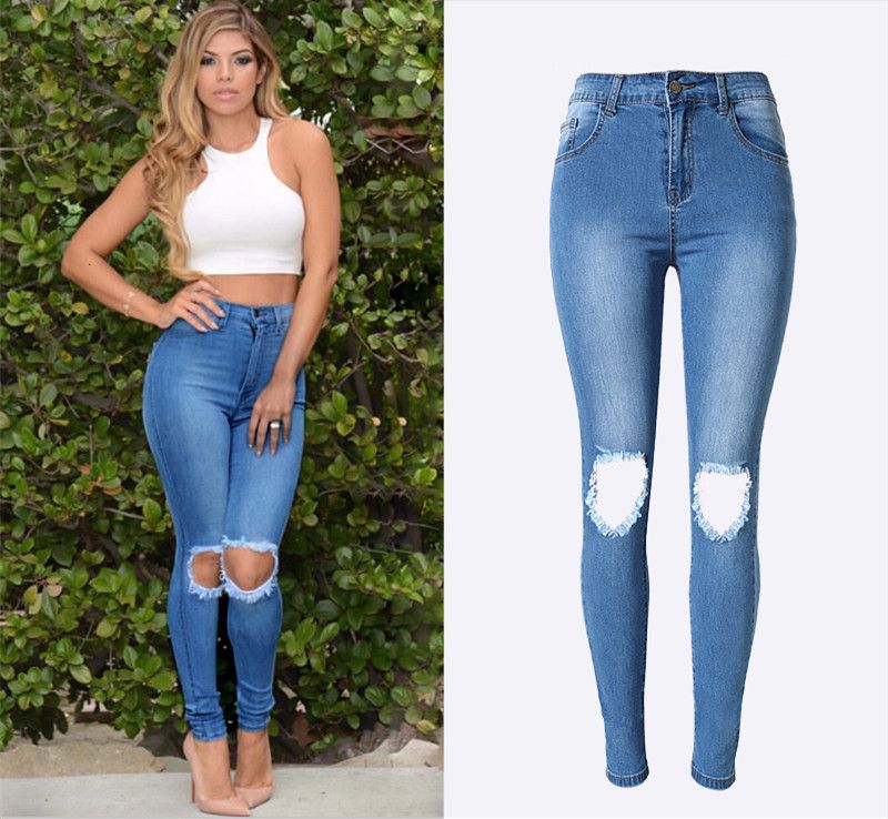 2021 Fashion Distressed Slim Blue Denim Jeans High Waisted Elastic