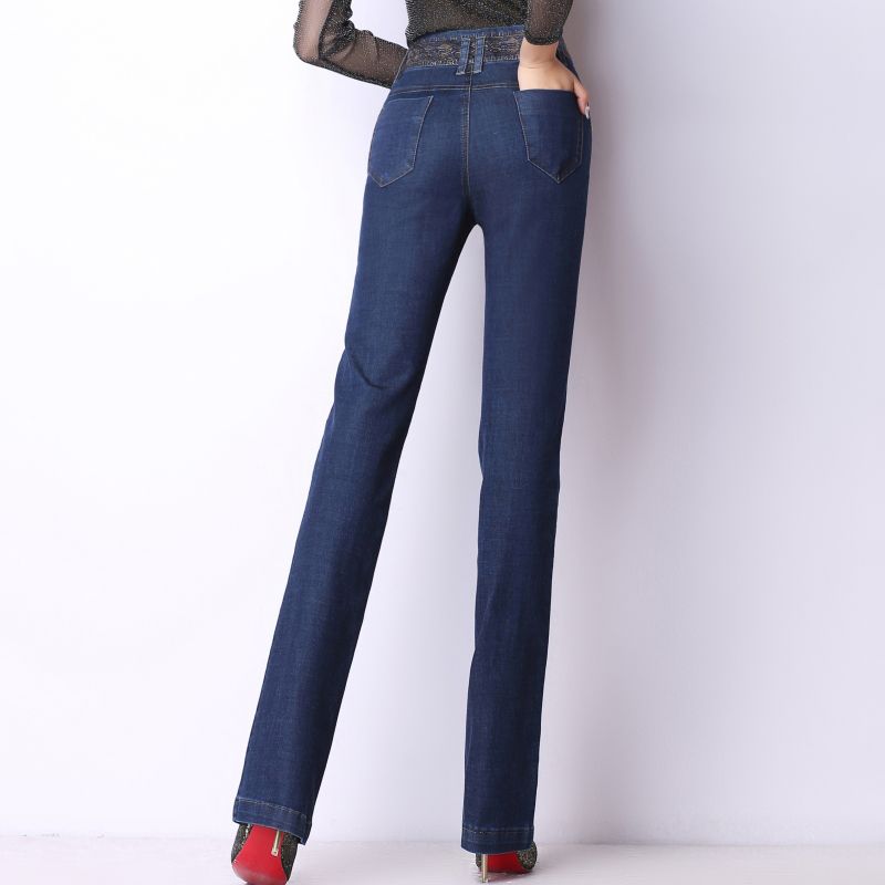 Alta Mujer Femeninos Moda Tamaño Mezcla Cintura Compre Pantalones Para Más Algodón Demin Rectos De Bordado Nueva Regular NOPkXZ80nw