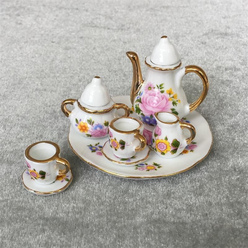 8 PCS Dollhouse Miniature Tea Set  Porcelain Dish/Cup/Plate Blue Flower