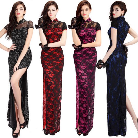 Nuevo 5061 # Vestidos chinos baratos Vestido de largo encaje cheongsam de estilo chino sexy