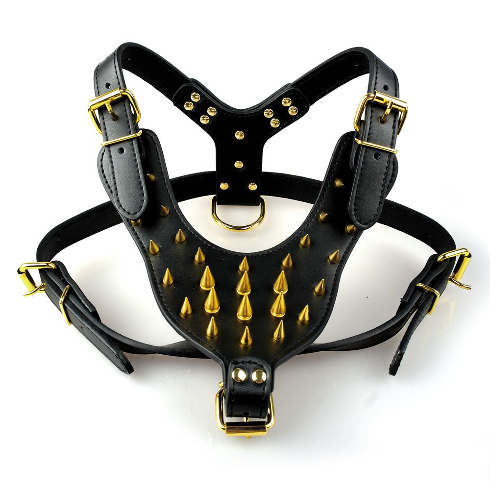 Cool Spiked Dog Harness & Collar & Leash Golden Rivets Amstaff Boxer  Vest