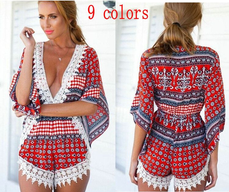 Long Leg Ladies Floral Print Short Sleeve Romper V Neck Playsuit Loose Jumpsuit