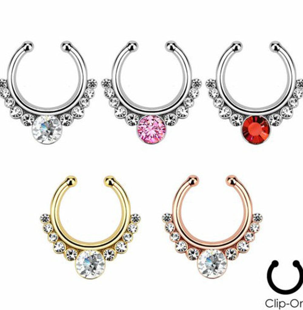 Crystal Silver Faux Septum Clicker Non-Piercing Hanger Clip On Nez Anneau