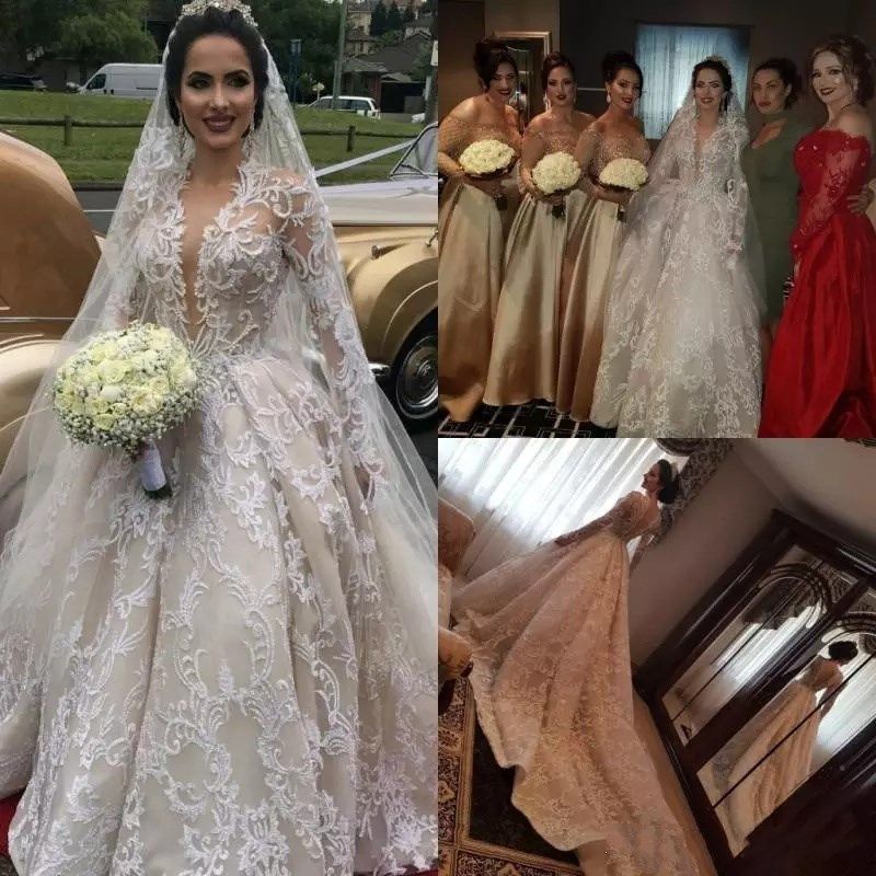 illusion sleeve plunging ball gown wedding dress