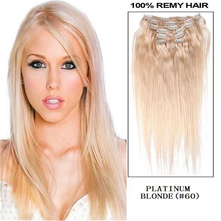 16 26 Full Head Remy Clip In Human Hair Extension 60 Platinum