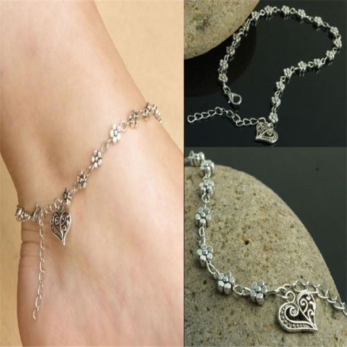 Tibetan Silver Plated Daisy Chain Flower Anklet/Ankle Bracelet With Heart Charm