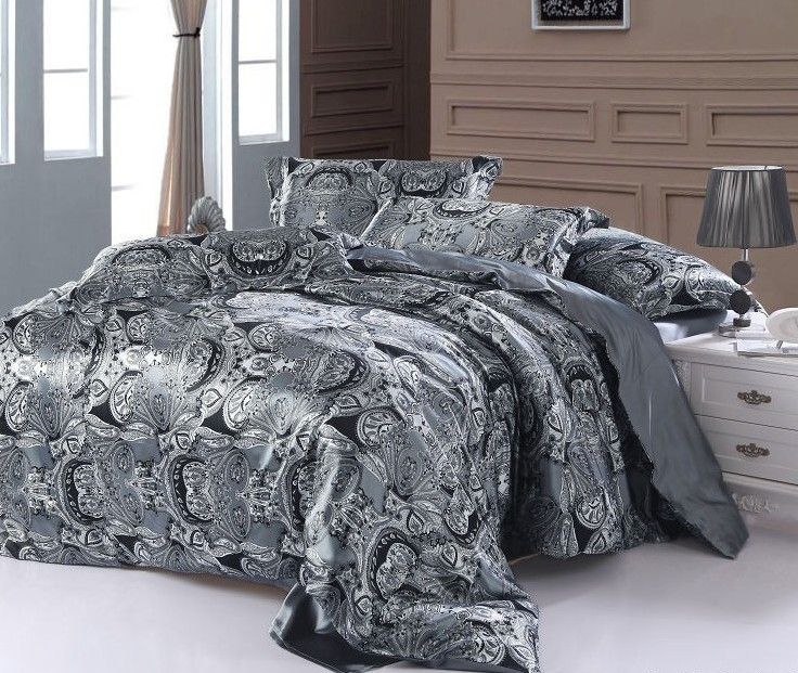Paisley Bedding Set Super King Size Queen Double Silver Grey Satin