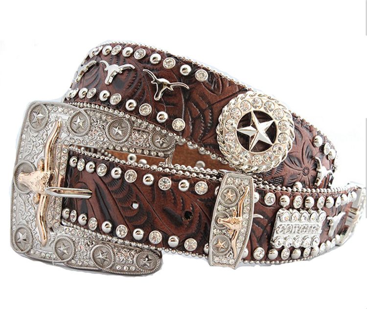 Womens Belt Western Cowgirl Rhinestone Buffalo Metal Buckle PU Leather