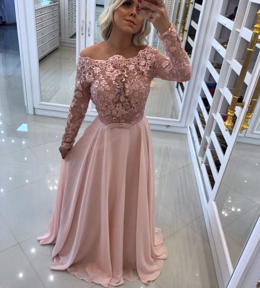 Acquista Abiti Da Sera In Chiffon Di Pizzo Rosa Cipria A Maniche Lunghe A Spalla Maniche Lunghe Illusion Corpetto Lunghezza Del Pavimento Abiti Da Sera Senza Schienale Plus Size Prom Dress A