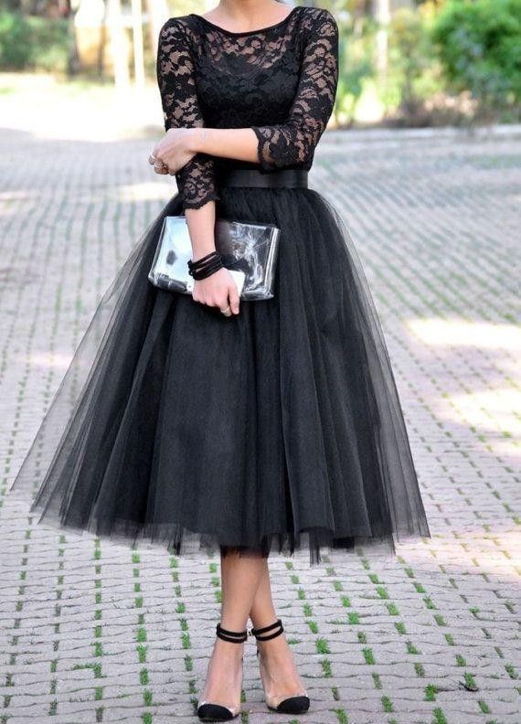 Modest Black Tea Length Evening Dress Formals Gowns A Line Appliqued Lace With Sleeve Formal