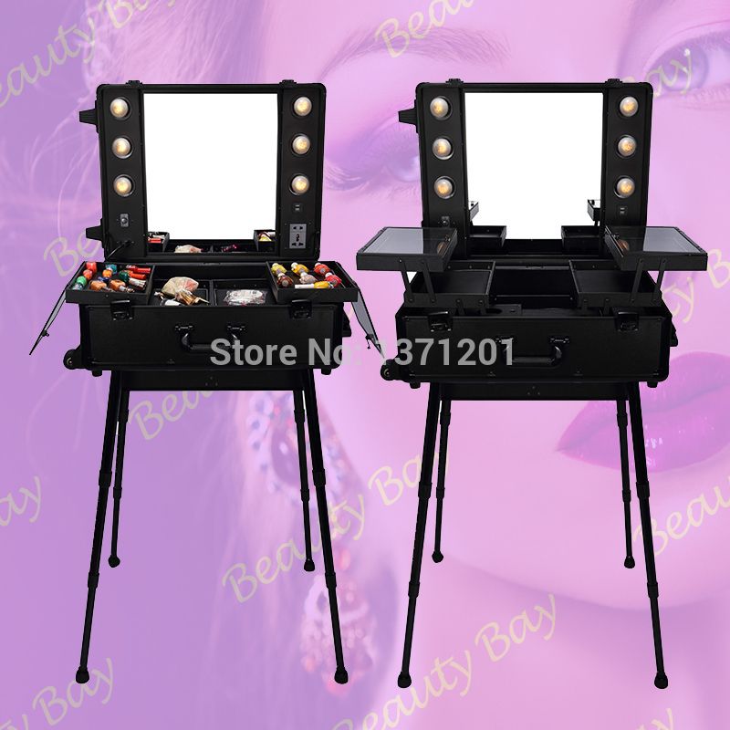 Acheter Pas Cher Livraison En Gros Gratuit États Unis / Canada / Mexique,  Cas Classique De Maquillage En Aluminium Noir Avec Des Lumières Ampoules,  Station De Maquillage De Chariot Du 413,59 € | Fr.dhgate