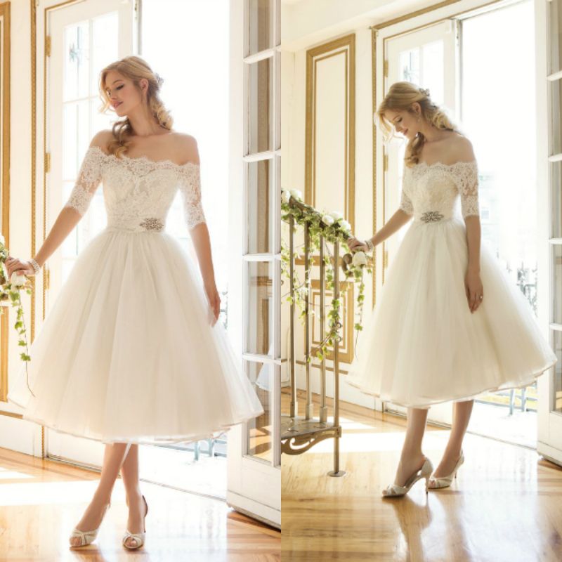 Discount Elegant Off The Shoulder Short Wedding Dress A Line Tea