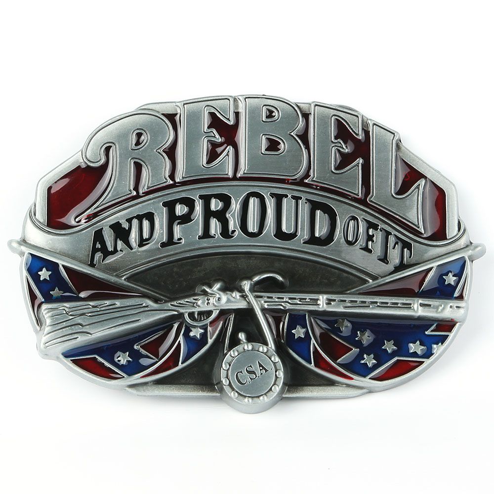 CSA Confederate Flag REBEL And PROUD OF IT Belt Buckle South Rifle In