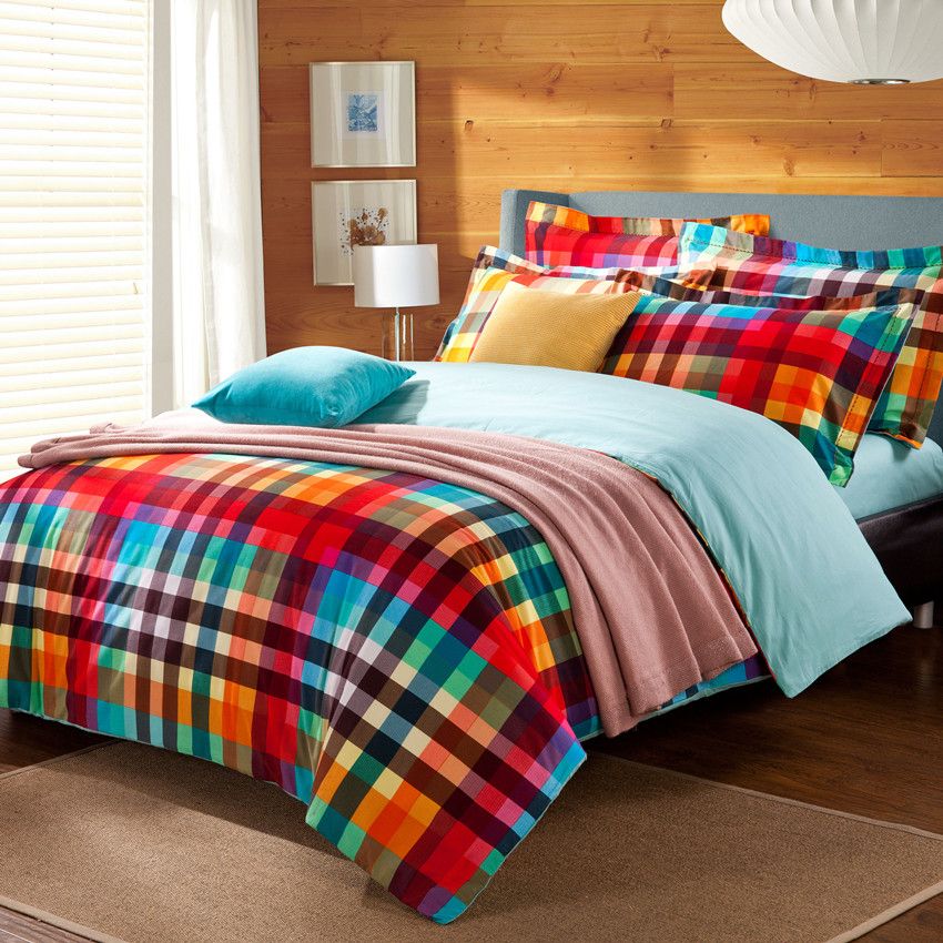 Preppy Style Colorful Green Red Checked Plaid Bedding Set Quilt