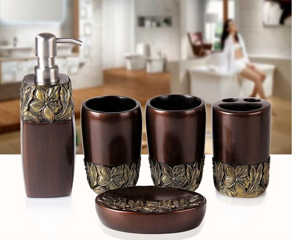 Grosshandel Schwarze Farbe Harz Badezimmer Zubehor Elegant 5 Stuck Badezimmer Sets 1 Seifenflasche 1 Seifenschale