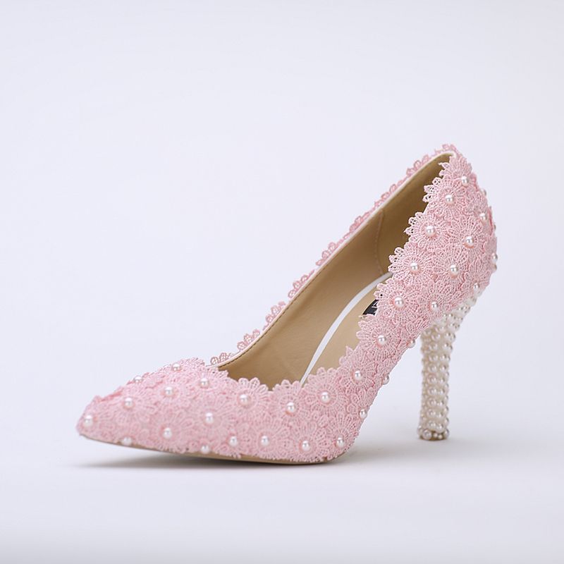 Pointed Toe Wedding Shoes Pink Lace Flower With Ivory Pearl Heel