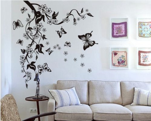 Black Tree Wall Decal Flowers Butterflies Wall Decal Sticker Black