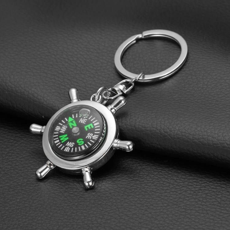 Mini Creative Alloy Silver Nautical Compass Helm Shape Keychain Ring Chain Hot 