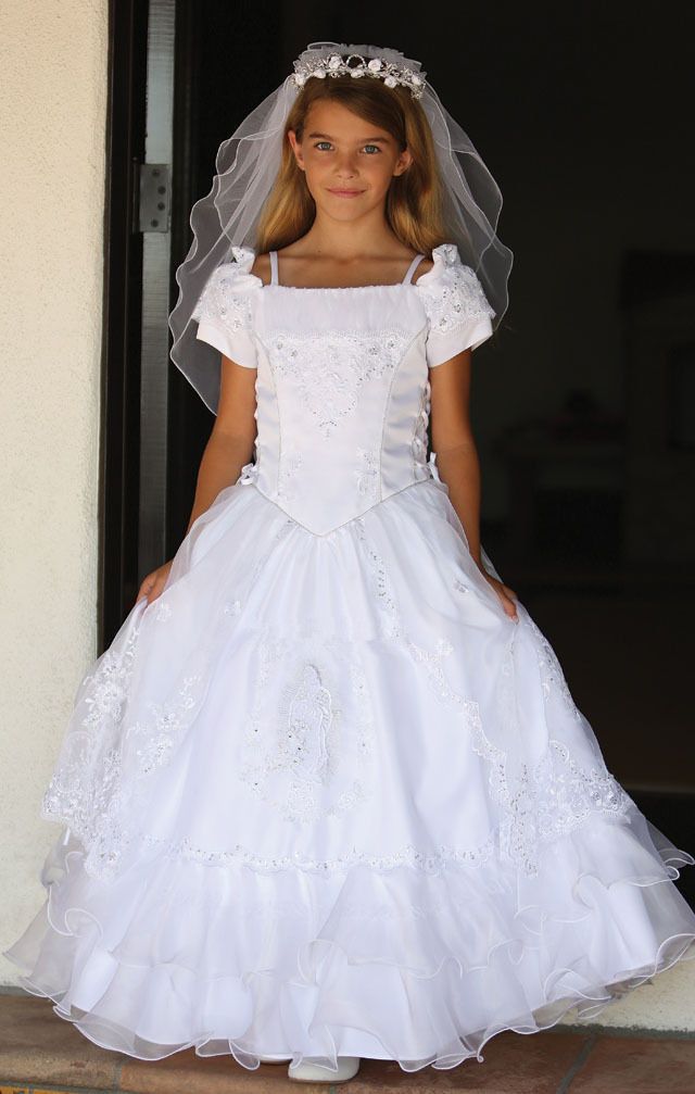2015 Vintage White Flower Girl Dress Short Sleeves Lace Appliques Long