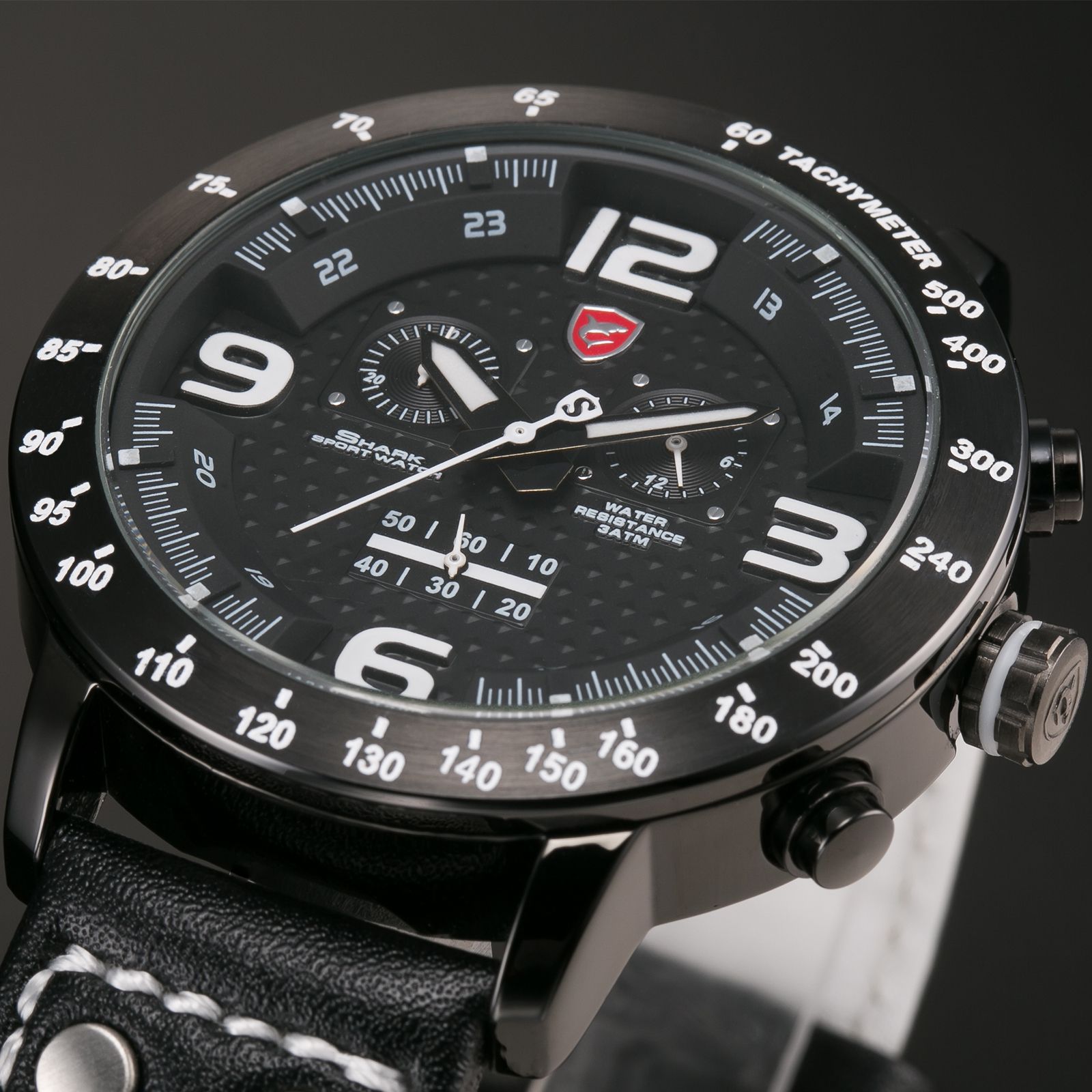 New SHARK Men Watches Chronograph Genuine Leather Black Strap White