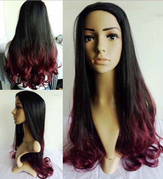 2016 New Long Two Tone Color Ombre Black Root To Wine Red Hair